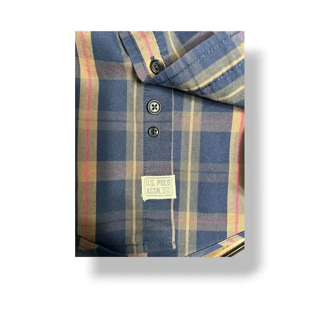 U.S. Polo Assn.‎ Men’s L Navy Yellow Plaid Stretch Button-Up Shirt Casual Preppy